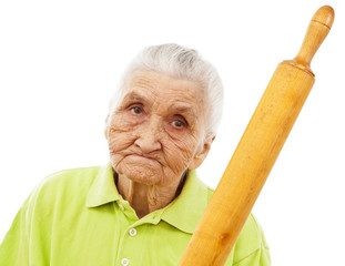angry old woman threatening with a rolling pin