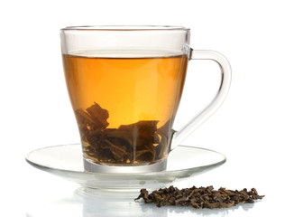 Green tea in glass cup isolated on white