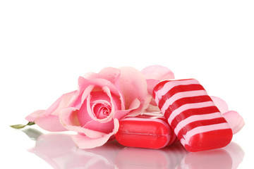 Two soap and pink rose isolated on white