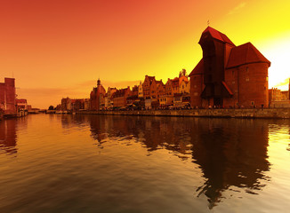 Fototapeta premium Sunset cityscape with vibrant colors. Gdansk, Poland.