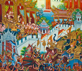 Buddhist art paint style in public temple of thailand