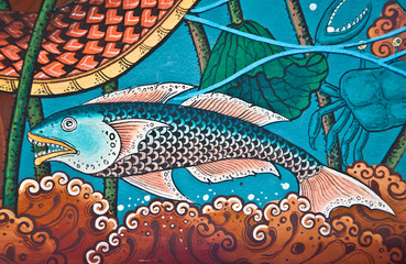 Buddhist art paint style in public temple of thailand