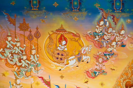 Buddhist art paint style in public temple of thailand
