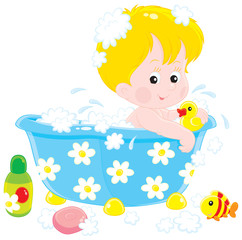 Child bathing with toys