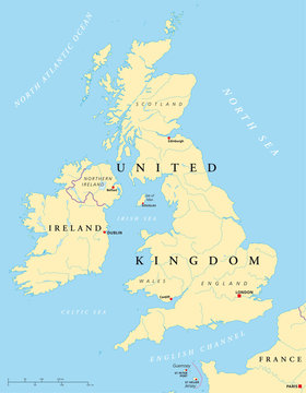 Ireland and United Kingdom political map with Northern Ireland, Guernsey, Jersey and Isle of Man and with capitals. Illustration. Vector.