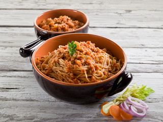spaghetti with  soy ragout, vegetarian pasta