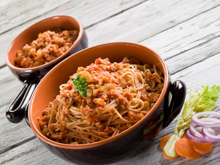 spaghetti with  soy ragout, vegetarian pasta