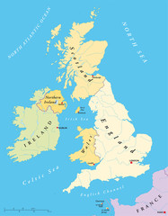 Fototapeta premium British isles political map. Ireland and United Kingdom with England, Scotland, Wales, Northern Ireland, Guernsey, Jersey and Isle of Man in different colors with capitals. Illustration. Vector.