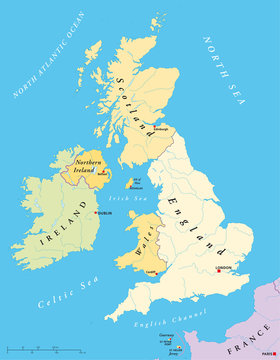 British isles political map. Ireland and United Kingdom with England, Scotland, Wales, Northern Ireland, Guernsey, Jersey and Isle of Man in different colors with capitals. Illustration. Vector.