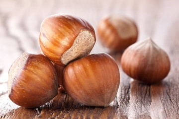 Filberts on a wooden table. Close-up shot.