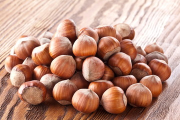 Filberts on a wooden table. Close-up shot.