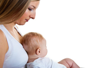 Mother with happy and cute infant baby girl isolated on white