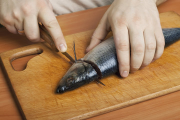 Obraz premium Cleaning herring cook on the kitchen blackboard