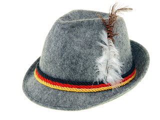 grauer Volksfest Hut mit Feder und Schnur in Schwarz, Rot und Gold