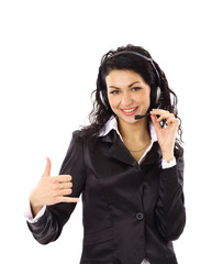 Beautiful business woman with headset and showing ok sing.