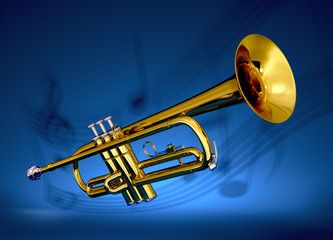 Brass trumpet with musical backdrop © Richard Cote
