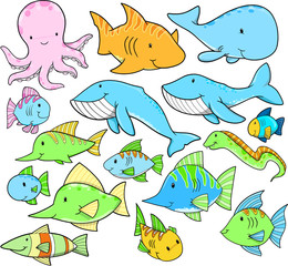 Ocean Sea Animals Summer Vector Design Set