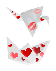 paper ship and crane with hearts