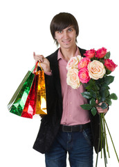 Valentines Man with flowers and shopping bags