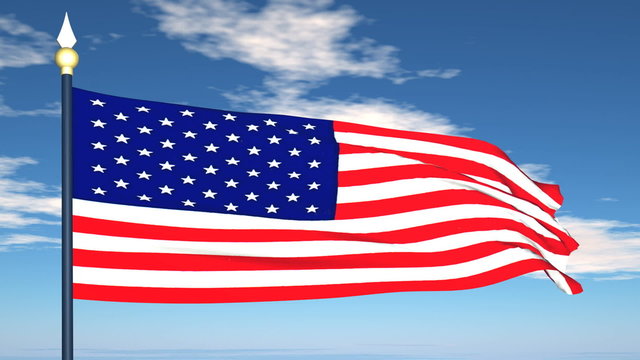 Flag Of USA on the background of the sky and flying clouds.