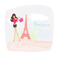 Fototapeta na wymiar beautiful women Shopping in Paris - vector card
