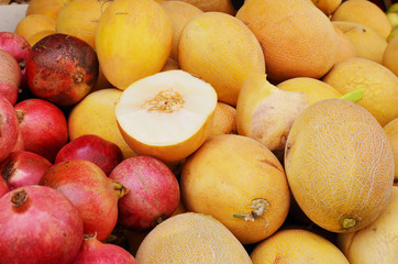Close up of melons and pomegranates