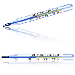 Medical glass mercury thermometer on white background.