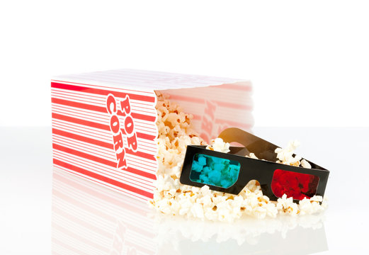 popcorn box with 3d movie glasses on a white background