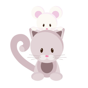 Cartoon kitten and mouse