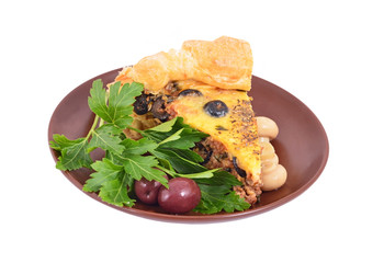 Meat pie with olive, isolated on white background