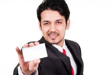 portrait of arab businessman holding visiting card