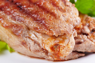 Grilled meat on white plate closeup