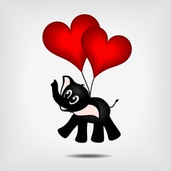 black little elephant with two red hearts - balloons