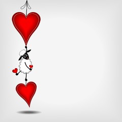two hanging red hearts with white stitches and cute lamb - vecto