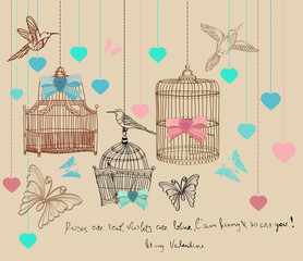 Fond de la Saint-Valentin avec des cages et des oiseaux
