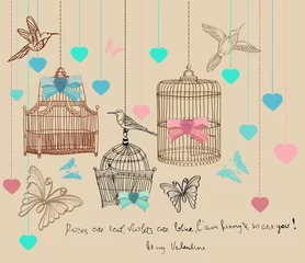 Photo sur Aluminium Oiseaux en cages Fond de la Saint-Valentin avec des cages et des oiseaux