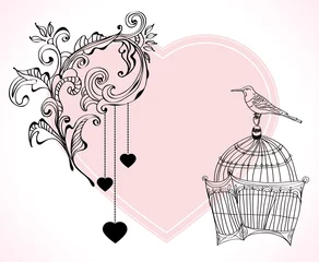 Papier Peint photo Lavable Oiseaux en cages Fond floral léger et tendre de la Saint-Valentin