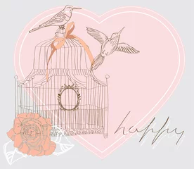 Papier Peint photo Lavable Oiseaux en cages Beau fond de la Saint-Valentin avec cage