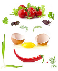 Collection of vegetables and a broken egg