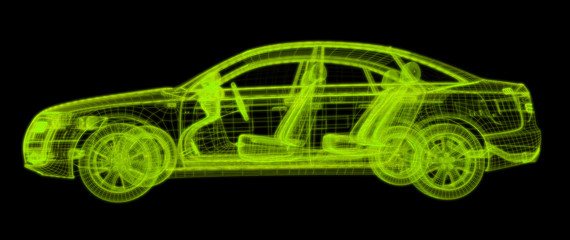 Glowing wireframe of a car 3d model.