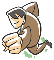 Confident business man looking up fist up .