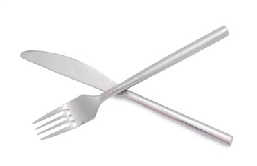Silver fork and knife isolated on white