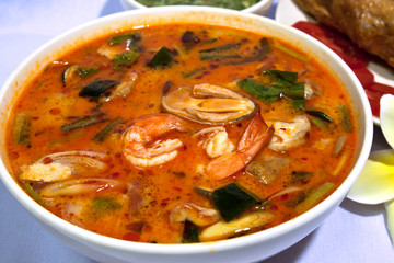 Tom Yum soup, a Thai traditional spicy prawn soup