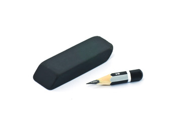Very short pencil and a black rubber (isolated)
