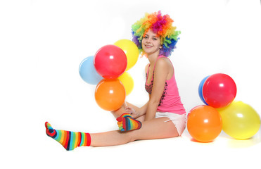 Fototapeta na wymiar happy woman with colorful balloons over white