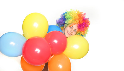 Fototapeta na wymiar happy woman with colorful balloons over white