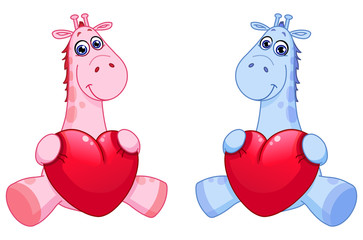 Baby giraffes holding hearts