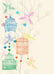 Cercles muraux Oiseaux en cages Fond de dessin de main de Valentine avec des oiseaux, des fleurs et une cage