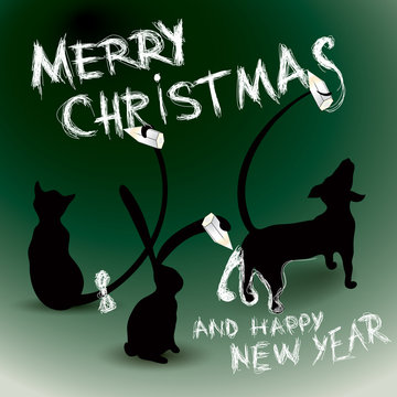 MERRY CHRISTMAS and HAPPY NEW YEAR card / Dog, Cat and Rabbit