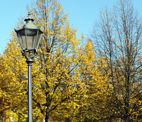 Laterne vor Herbstlaub